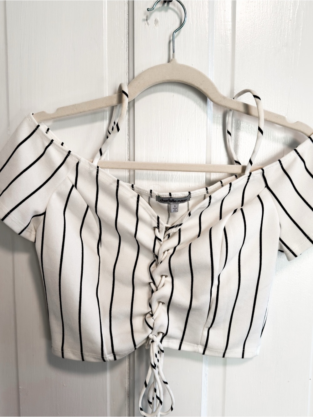 Charlotte Russe White Crop Top with Black Stripes and Lace-Up Front